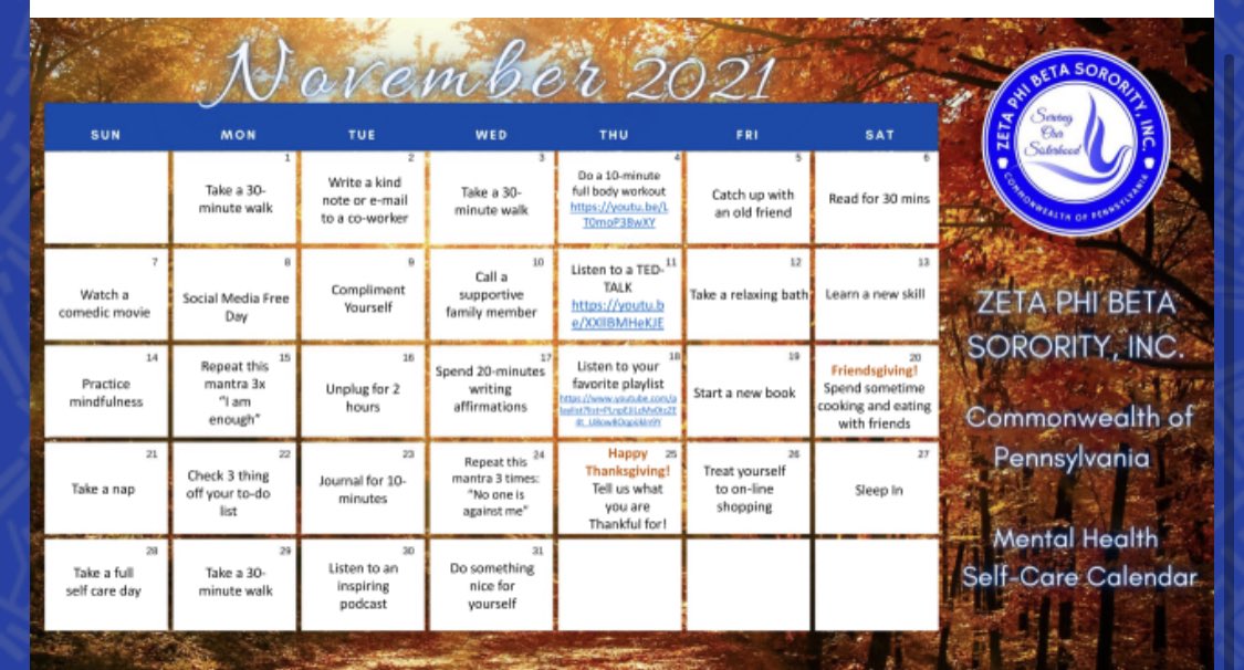 AAOZ_ZETAS's tweet photo. Make self-care a priority this November!
#selfcare
#mentalhealthmatters
#pazetas
#nephillyzetas
#buckscountyzetas
#onezeta https://t.co/1UcYJD5DfH