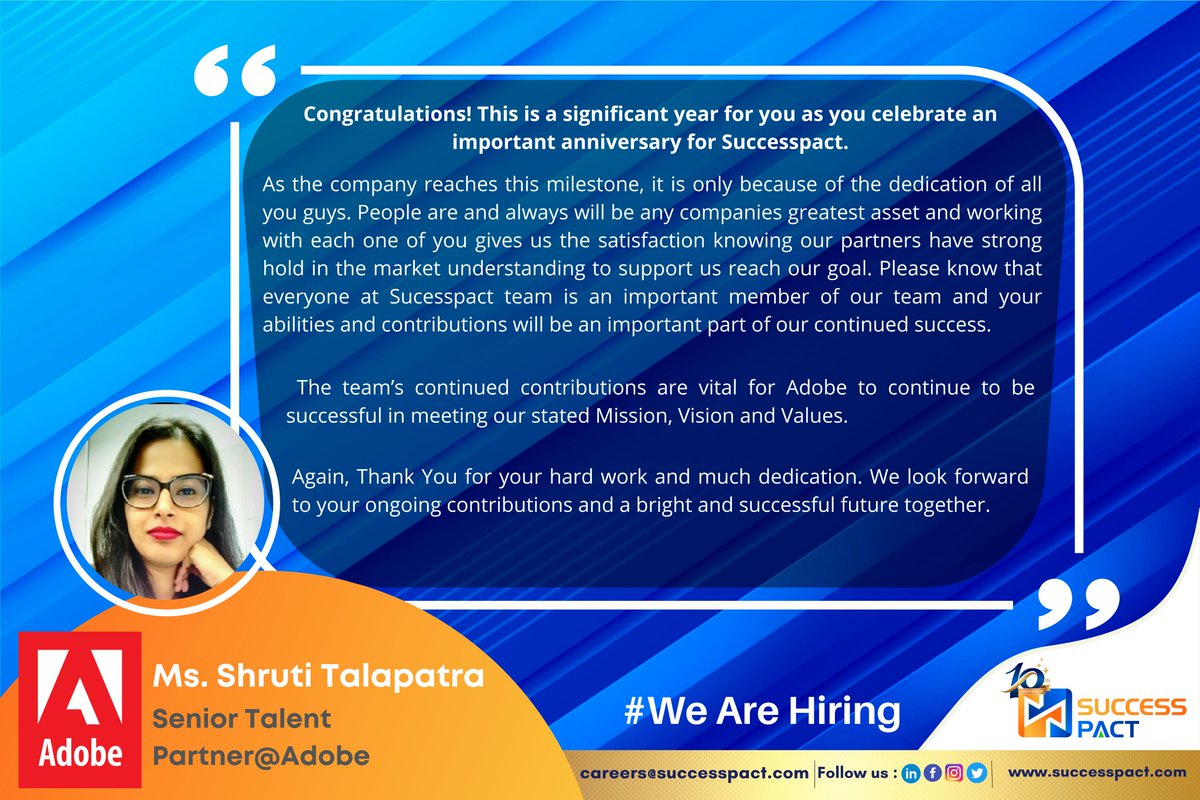Success_Pact's tweet photo. We could not find a better day than today to share the experience of our wonderful client - @Adobe. Thank you Ms. Shruti Talapatra, Senior Talent Partner @Adobe for your kind words. We feel highly obliged to have you as our client.
#Successpact #expanding #business #Technology https://t.co/VFNGoIrQmk