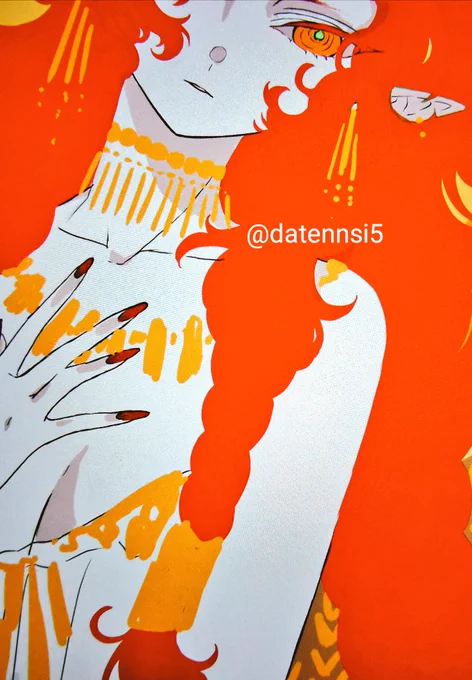 次の展示の絵は神話モチーフです。
真赤にゴールド、私の大好きな神様カラーです。
色や画材の面白さが伝わる絵になるよう、自分がじっくり塗り込めるモチーフにしました。 