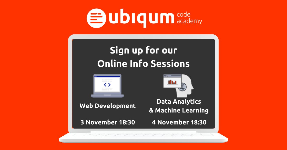 There's still time to sign up for our online info sessions!

Join us to find out about our #WebDevelopment and #DataAnalytics &amp; #MachineLearning programs. 

bit.ly/3nA0MEU 

#Ubiqum #Coding #Programming #LearnToCode #JobsInTech #WebDev #Java #JavaScript #Python #R