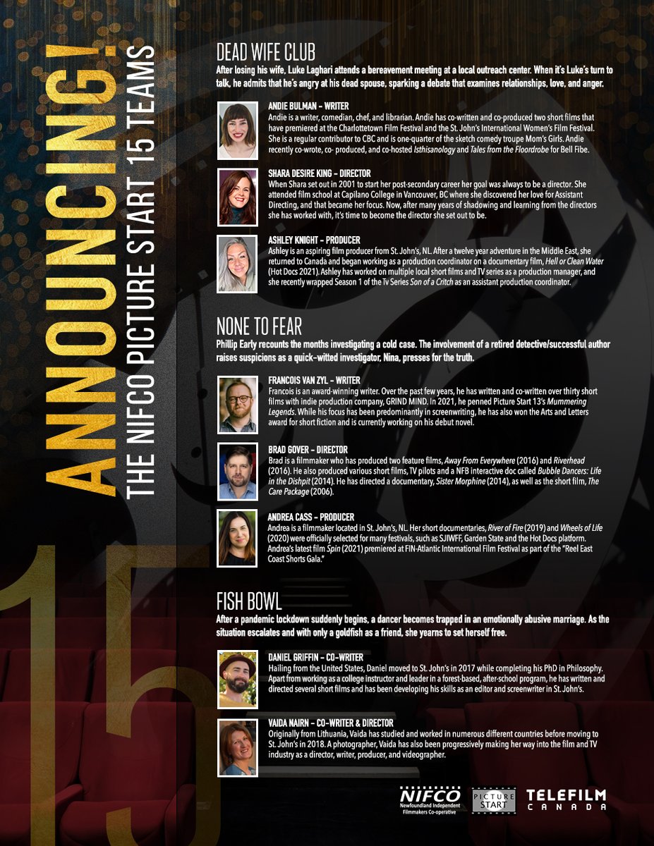 We are thrilled today to announce the teams selected for Picture Start 15 and to share a little about their films!  Thank you to all our partners including <a href="/Telefilm_Canada/">Telefilm Canada</a> <a href="/NLArtsCouncil/">ArtsNL</a> <a href="/CBCNL/">CBC Newfoundland and Labrador</a>