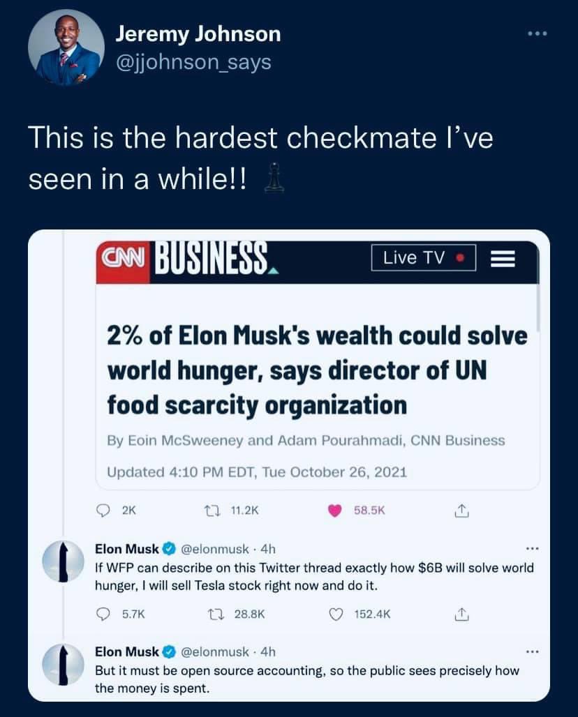 MechuraDavid's tweet photo. @elonmusk is a freaking legend!

But if $6 Billion could solve world hunger why are you asking one man to fix it? The government wastes that much in a single day so can’t the Gov just solve it 🤔🤷🏻‍♂️

Biden where you at @POTUS https://t.co/t0d9YNs262