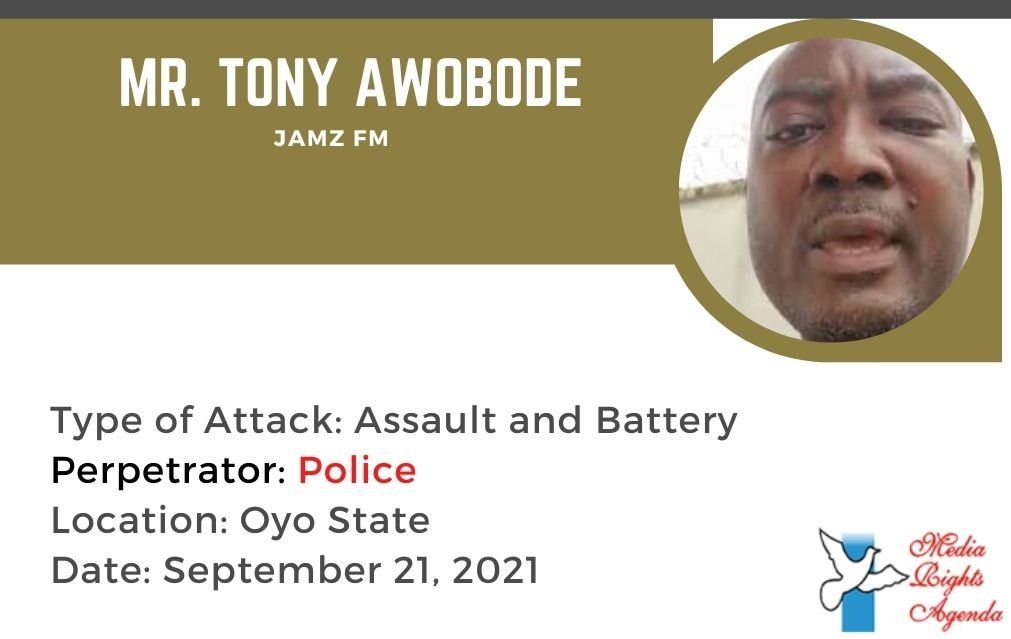 Tony Awobode, General Manager of <a href="/Jamz1001FM/">Jamz100.1FM</a> was severely beaten in Ibadan by the Divisional Police Officer (DPO) of the Iyaganku Police station in the city and his men
mediarightsagenda.org/divisional-pol…
#EndImpunityNG