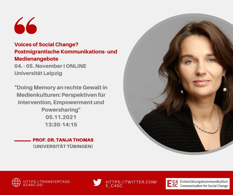 Wir freuen uns auf einen interessanten Vortrag über „Doing Memory an rechte Gewalt in Medienkulturen: Perspektiven für Intervention, Empowerment und Powersharing“ mit Prof. Dr. Tanja Thomas. Seid mit dabei am Freitag, den 05.11, von 13:30 bis 14:15 Uhr.