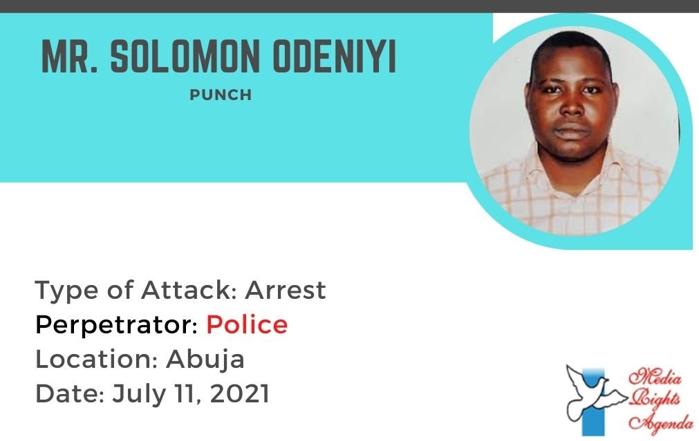 <a href="/S_Odeniyi/">Solomon Odeniyi</a>, a Correspondent of @mobilepunch Newspapers, was arrested by security operatives at Dunamis Church where he went to cover an event on July 11, 2021
#EndImpunityNG