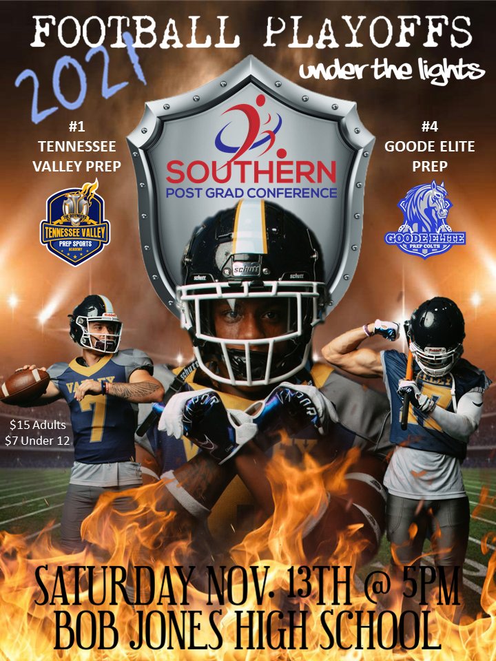tvdefenders's tweet photo. THE ROAD TO THE CHAMPIONSHIP....PLAYOFFS.... #1 Tennessee Valley Prep will take on #4 Goode Elite Prep in a playoff showdown on Saturday, 11/13 @ 5pm at Bob Jones High School. Join us under the lights as we fight our way to the SPGC Championship Game. GO DEFENDERS!
#valleyboyz https://t.co/N6jzUj8GAT
