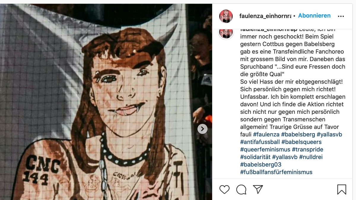 Babelsberger Transfrau &amp; Rapper*in #FaulenzA in einem ihrer Songs: "#Antifa heißt Angriff!"

Auch FaulenzA: Wegen eines harmlosen Doppelhalters und einem Spruchband beim Derby rumheulen.

Entscheidet euch: Heißt Antifa nun Angriff oder gefällt euch doch eher die Opferrolle?