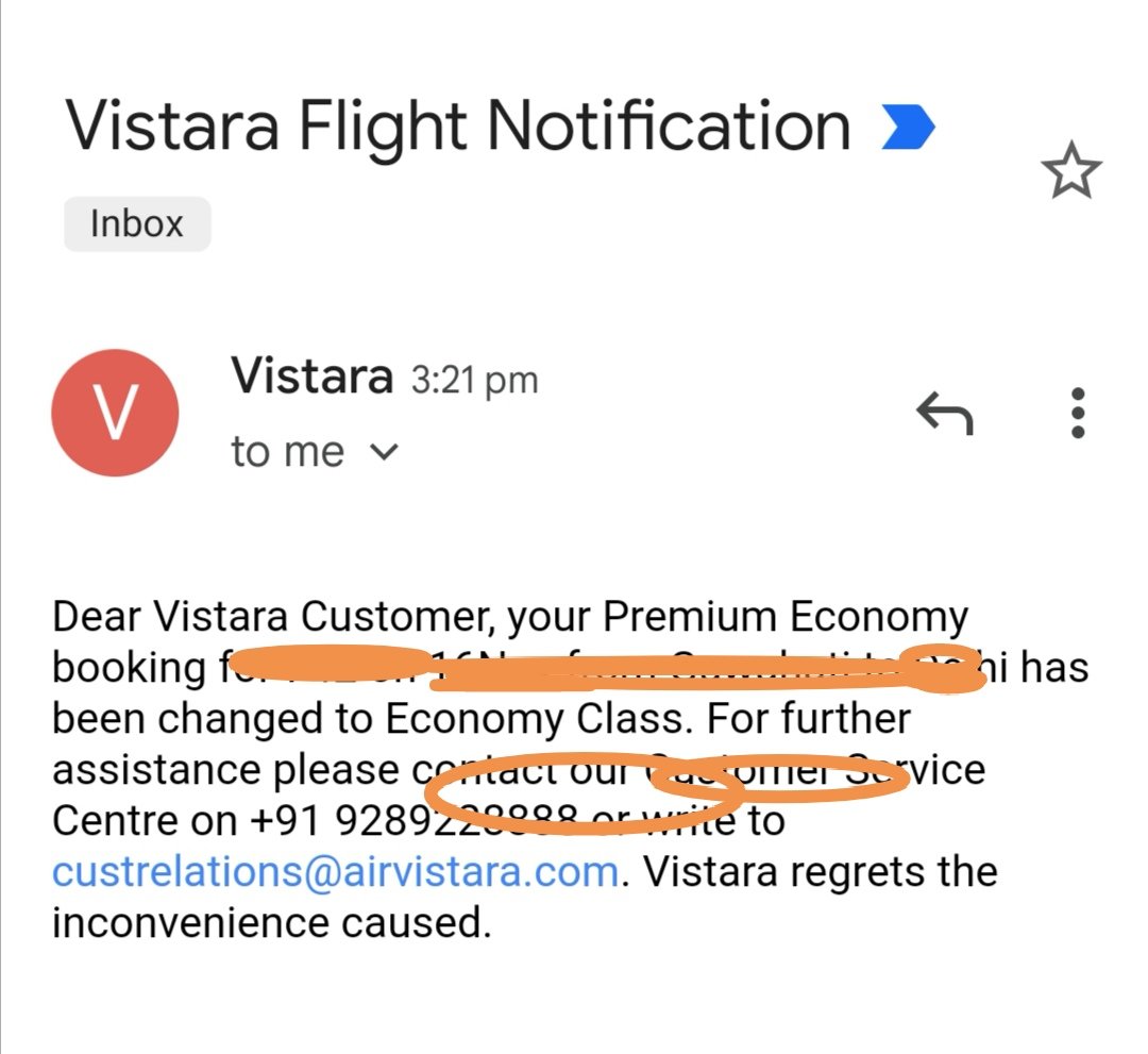 santab007's tweet photo. Think twice before you book a flight with @airvistara. They will charge for premium economy and later send a mail downgrading you to economy. https://t.co/fO8rltyBu7