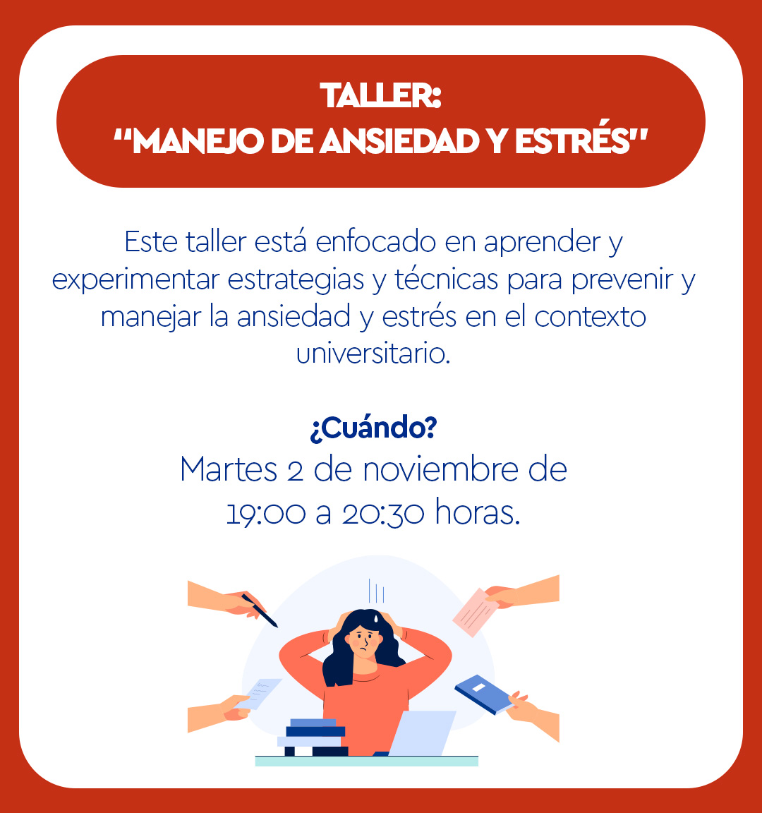 pregrado_fen's tweet photo. Hoy comienza la jornada de talleres "Bienestar en el proceso Universitario" de la #DAE 🤩, que parte con un taller sobre #ansidedad y #estrés.

¡Participa y aprende a manejarlas! 🙌  > https://t.co/Ap7HlSkyU8

@ceiiauchile @ceic_uch 

#Bienestar #autocuidado #comunidadsaludable https://t.co/2iDuouiUkr