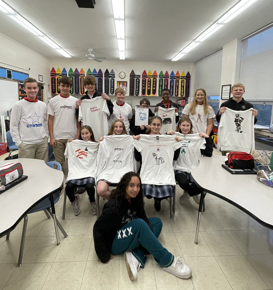 STJPanthersArt's tweet photo. Students in the 8th grade Printmaking elective class created t-shirts using stencils on silkscreens created on the Cricut machine. https://t.co/awzUd1Q1JM