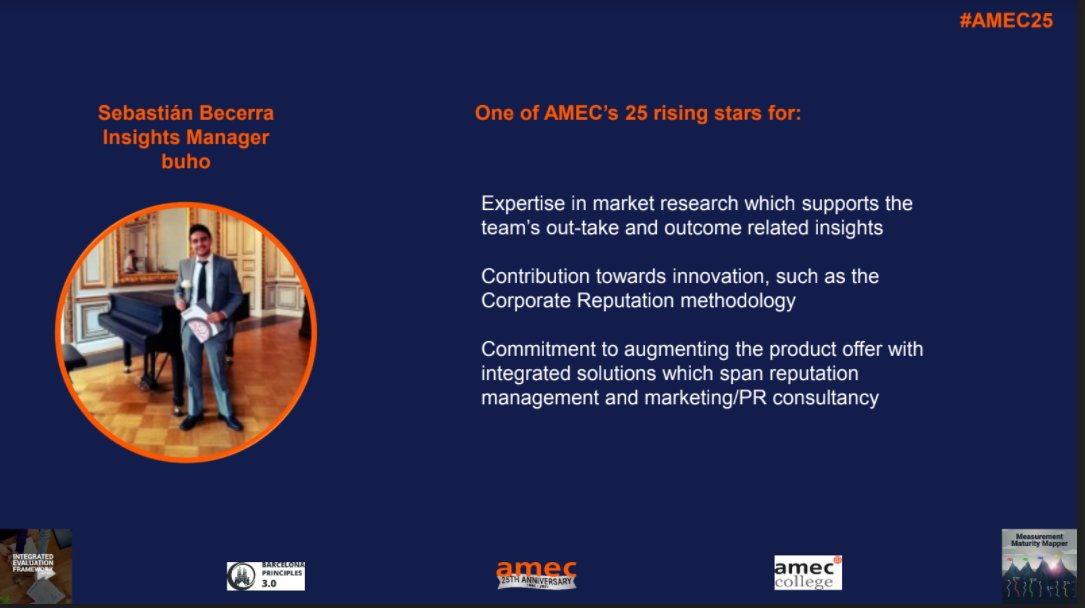 AmecOrg's tweet photo. 2021 is the @AMECorg 25th anniversary #AMEC25
The #future is 25 rising stars of #measurement & #evaluation of #communication in 2021! Juan Sebastian Becerra of @buho_media You have support of a great team Sebastián - keep up the good work!
#AMECMM #PR #Data #comms #measurepr https://t.co/6DyWat8ltR