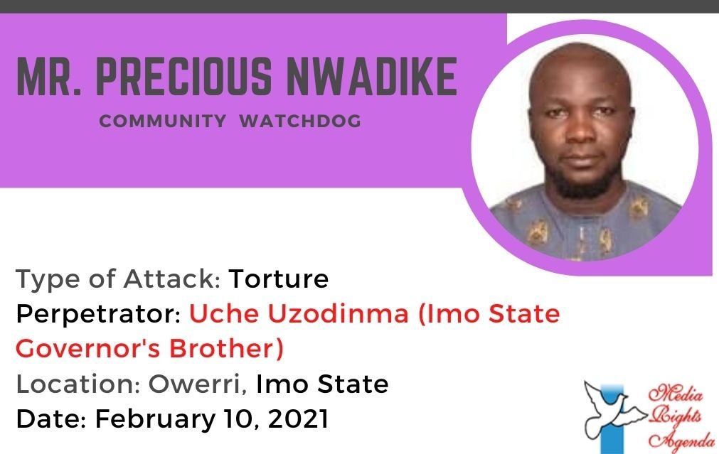 Precious Nwadike, editor of the Owerri-based newspaper, Community Watchdog, was assaulted by Uche Uzodimma, brother to Imo State Governor Hope Uzodimma, and his thugs in Owerri, Imo State on February 9, 2021
mediarightsagenda.org/mra-calls-on-i…
#EndImpunityNG