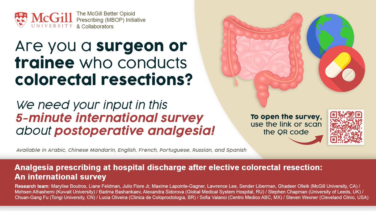 📢📢📢¡Atención cirujanos y residentes de todo el mundo que realizan reseccion colorectal! 🌍
   
¡Por favor ayúdenos completando y retuiteando esta encuesta sobre analgesia postoperatoria!

🕐LES TOMARÁ SOLO 5 MINUTOS

Enlace de la encuesta: surveys.mcgill.ca/ls3/568354?lan…