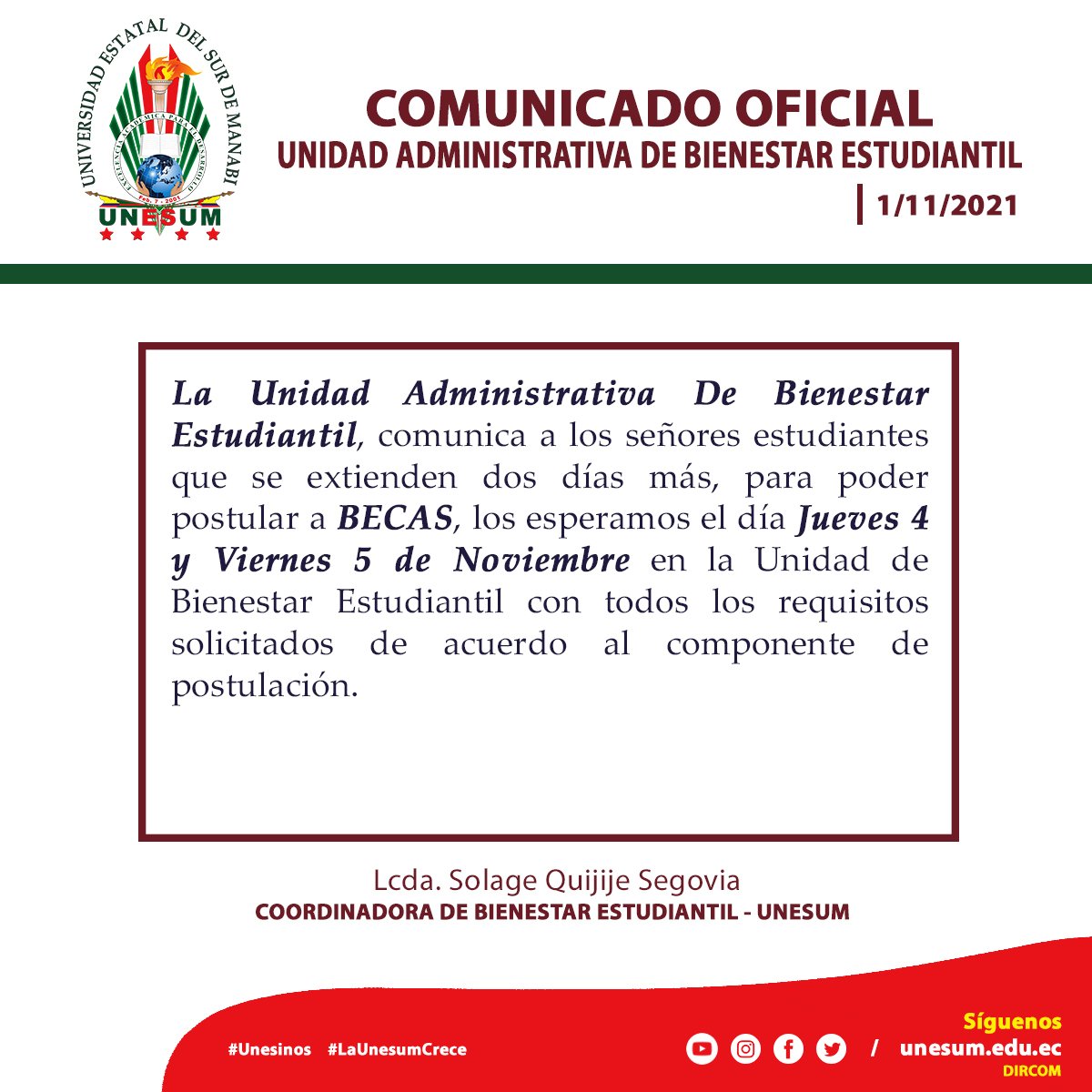 Johneduardog's tweet photo. ¡ATENCIÓN!  📢 

Comunicado oficial - Unidad Administrativa de Bienestar Estudiantil de la UNESUM.

Sobre el proceso de Becas estudiantiles.

#LaUNESUMInforma #LaUNESUMCrece https://t.co/xEHUOA3Krb