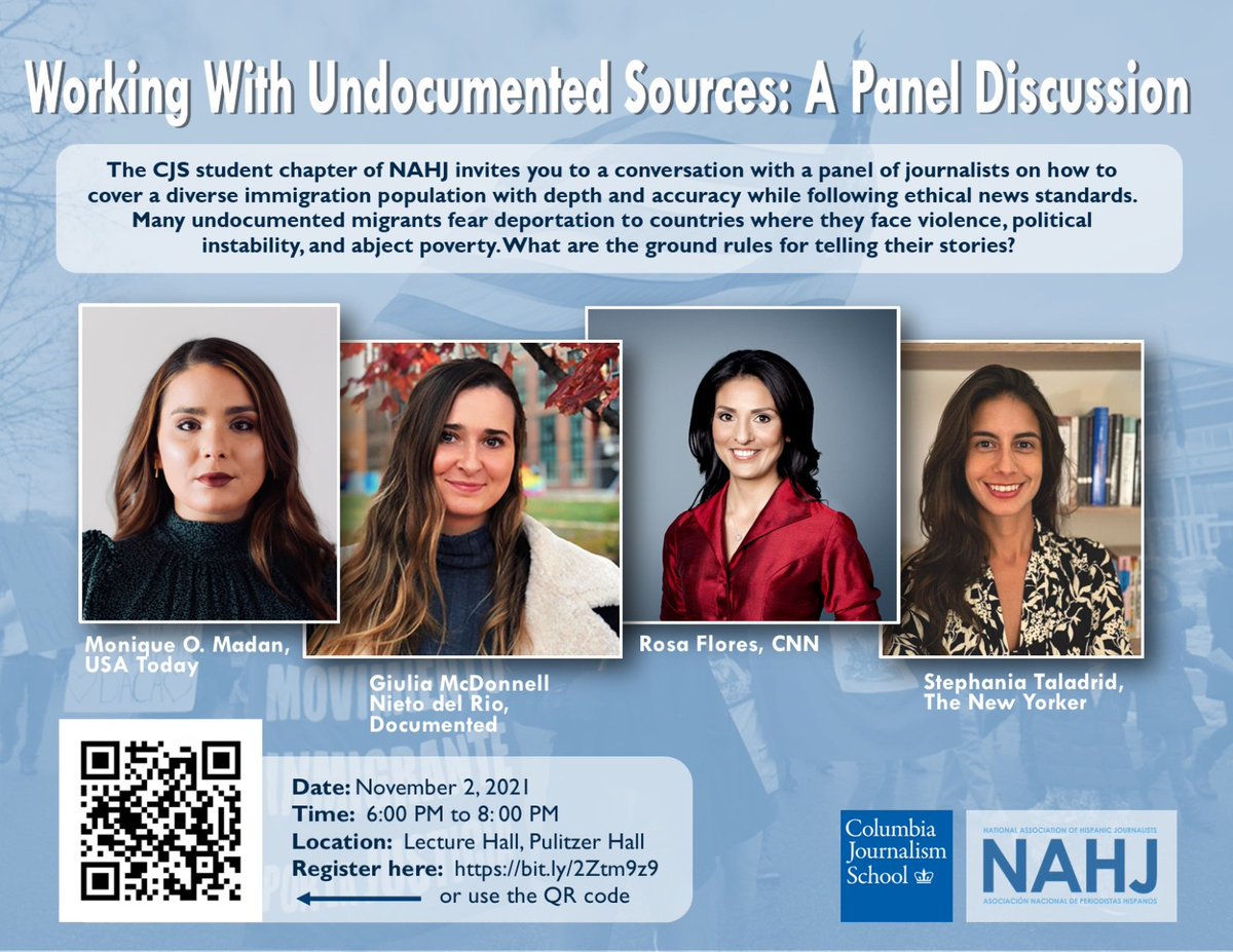✨updated flyer✨

Join us this evening at 6PM EST on Zoom or at the Lecture Hall. Our guests are coming from <a href="/CNN/">CNN</a>, <a href="/NewYorker/">The New Yorker</a>, <a href="/USATODAY/">USA TODAY</a>, &amp; <a href="/Documentedny/">Documented</a>. They'll discuss their process covering immigration and working with undocumented sources. All are welcome. 

See you then!