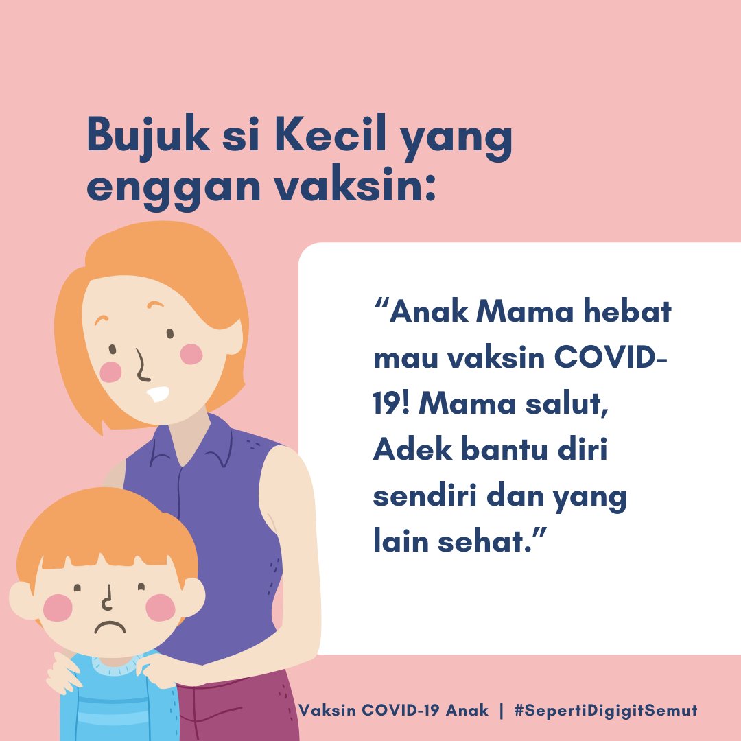 PopyWulanda's tweet photo. Bujuk si Kecil yang enggan vaksin:

“Anak Mama hebat mau vaksin COVID-19! Mama salut, Adek bantu diri sendiri dan yang lain sehat.”

Vaksin COVID-19 Anak
#SepertiDigigitSemut https://t.co/AyVv1UZ2ak