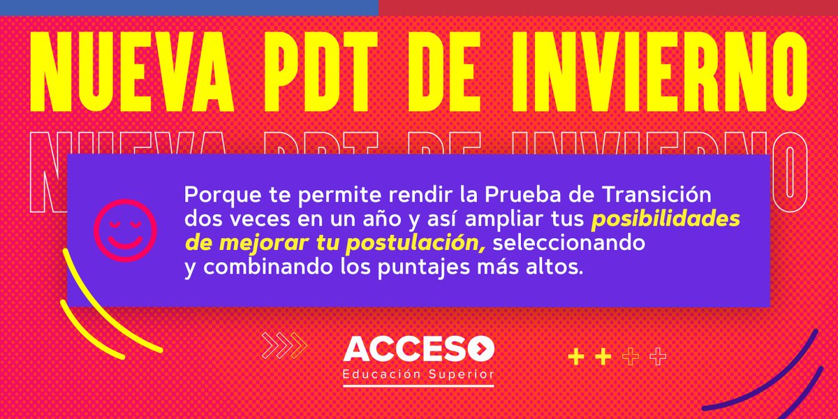 SubseEdSuperior's tweet image. 💠  ¿Ya te enteraste 😯? Desde el 2022 podrás dar la Prueba de Transición dos veces al año: a mediados y a fines de año ❄️☀️ y así podrás contar con más opciones para acceder a la universidad

👉 Más información en acceso.mineduc.cl