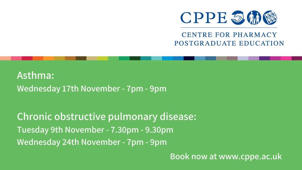 CPPESarahSantos's tweet image. Workshops before Christmas include our Asthma and COPD focal points, helping pharmacy professionals  support people to manage their conditions &amp;amp; reduce complications. To book these with our 
@CPPEEast and @CPPELondon tutors in November visit: cppe.ac.uk
@cppeengland