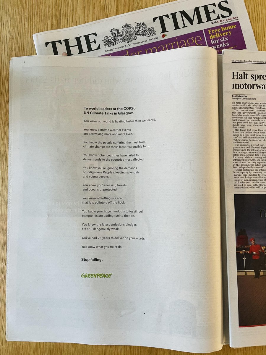 GreenpeaceUK's tweet photo. Did you catch this?🤔 Full page spread in the The Times on DAY 2 of the UN climate conference! 

Let’s hope world leaders had a nice surprise while reading the morning news!

#COP26 #StopFailing https://t.co/d5LFsktiPX