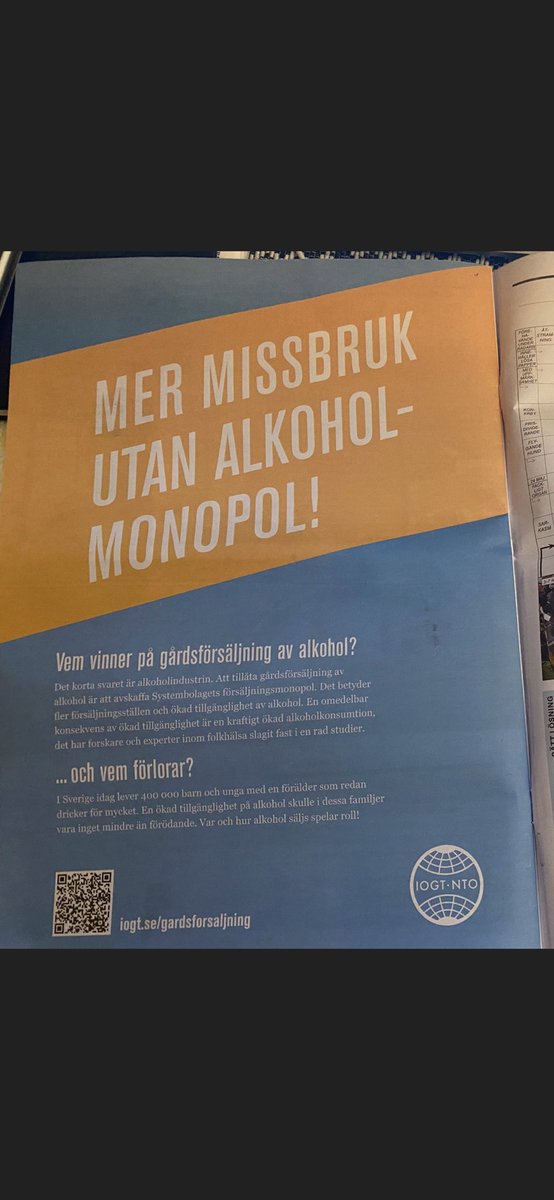 IOGTNTO's tweet image. Vår annons i @AiPnyheter idag apropå gårdsförsäljningsutredningen. #alkoholpolitik @socialdemokrat Lycka till med kongressen!