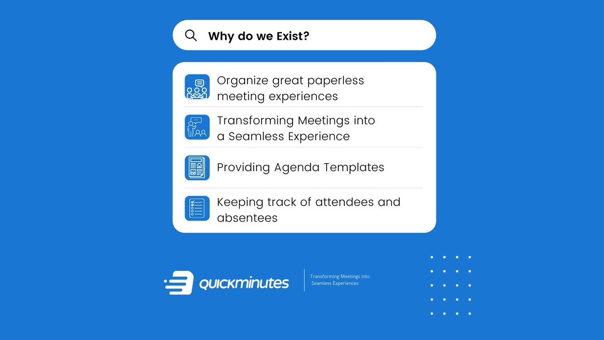 quick_minutes's tweet photo. Through our web-based application, we build an ecosystem where people can organize great
paperless meeting experience through collaborative agendas, capturing minutes of meeting and
keeping track of attendees and absentees. #PaperlessMeetings #MeetingManagement #TryQuickMinutes https://t.co/JhMkfbOQj4
