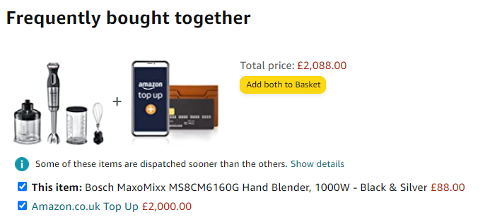 Algrljevic's tweet photo. According to Amazon, a frequent add on to a £90 blender is a £2000 Top Up. Not convinced #Amazon #whatarethechances https://t.co/vWA95tTAoa