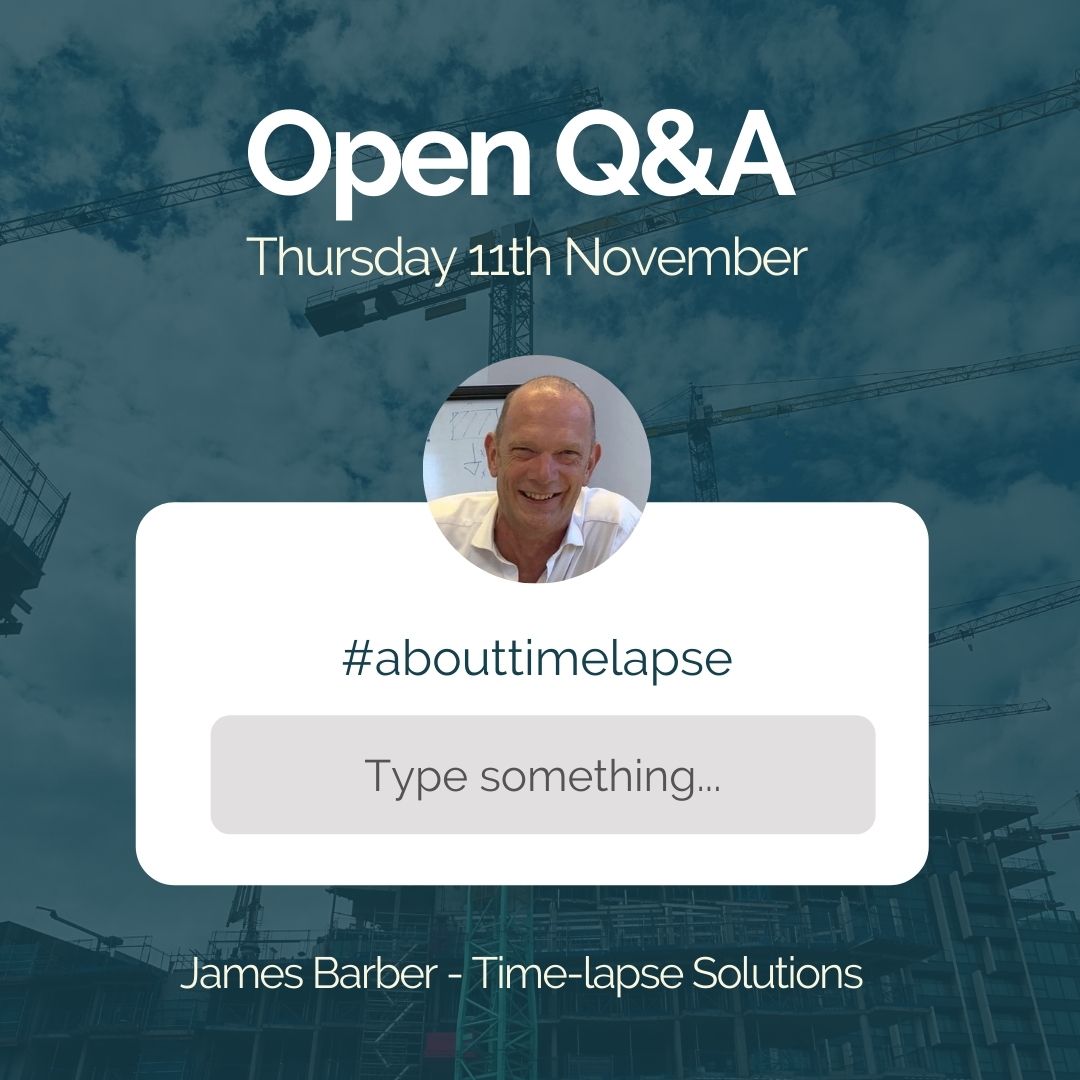 TLapSolutions's tweet photo. Tweet us your questions for our open Q&amp;A on Instagram Live - Thursday 11th November. Using the hashtag #abouttimelapse

CEO of Time-lapse Solutions, James Barber, will be answering your queries... 

Our Instagram: https://t.co/qRP9Uu6M0Y 

#qna #video #timelapse #constructionuk https://t.co/lKV1kufgK9