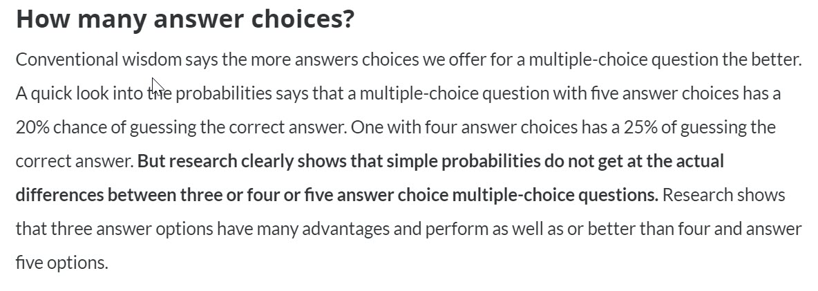 pattishank's tweet photo. According to compelling research, THREE answers choices to conventional multiple-choice questions is usually better than FOUR or FIVE. Find out why in my Write Better Multiple-Choice Questions book: https://t.co/MNDAkGte3M https://t.co/urvzuNSr4M
