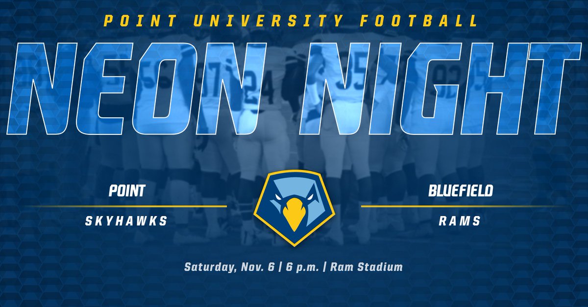 Point Skyhawks (@pointskyhawks) on Twitter photo 🏈🌟 NEON NIGHT🌟🏈
This Saturday, <a href="/PointFootball/">Point University Football</a> hosts Bluefield under the lights inside Ram Stadium. 🤩
Come decked out in neon to support your Skyhawks!
#TogetherWeFly 🏈🌟 NEON NIGHT🌟🏈
This Saturday, <a href="/PointFootball/">Point University Football</a> hosts Bluefield under the lights inside Ram Stadium. 🤩
Come decked out in neon to support your Skyhawks!
#TogetherWeFly