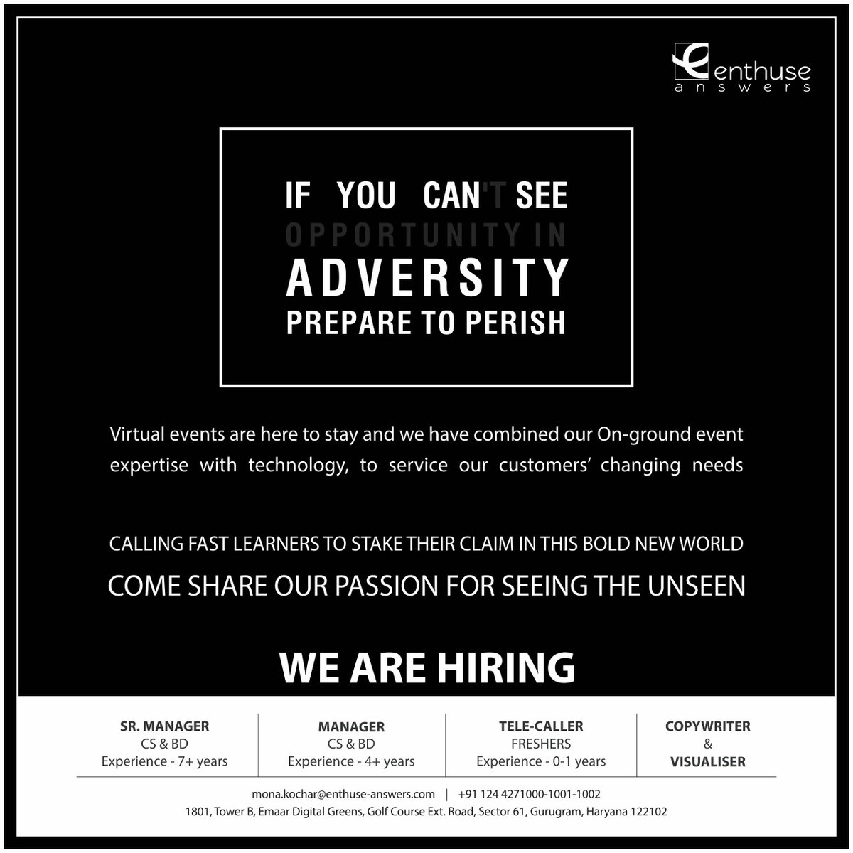 EnthuseA's tweet photo. Enthuse Answers is a passionate client-centric agency with an enthusiastic workforce. 
We are in a habit of providing innovative concepts and solutions to our clients with a cognizant approach towards the Experiential marketing. https://t.co/iQtT6U0AFy
