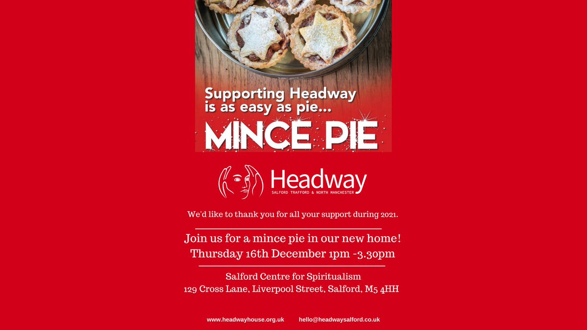 🎄 Get the date in your diary and JOIN US! 
Our annual Mince Pie Event at our new home on Thurs16th Dec 1pm - 3.30pm
⭐️Salford Centre for Spiritualism, 129 Cross Lane, Liverpool Street, Salford, M5 4HH 
⭐️Please let us know if you can make it!
#braininjury #support
