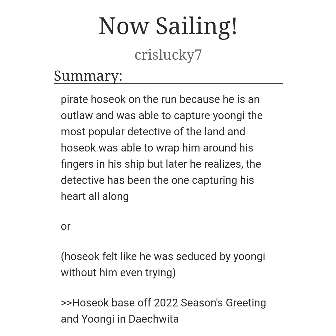 kiyeowochi's tweet photo. here's another sope fic yall lots of you asked me to write and here you go! hope you like it 💜💜
https://t.co/ZPncV1Veyy
TITLE: NOW SAILING!
#sope #sopefic #yoonseok https://t.co/BOnYmXsBTY