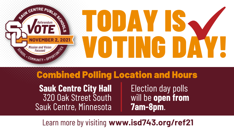 streetercommed's tweet photo. IT'S #VOTINGDAY! The combined polling location is Sauk Centre City Hall at 320 Oak Street South – Polls are open from 7AM - 8PM. To learn more, visit > https://t.co/LV9UXcfMWt https://t.co/TOKq5N0Ddr