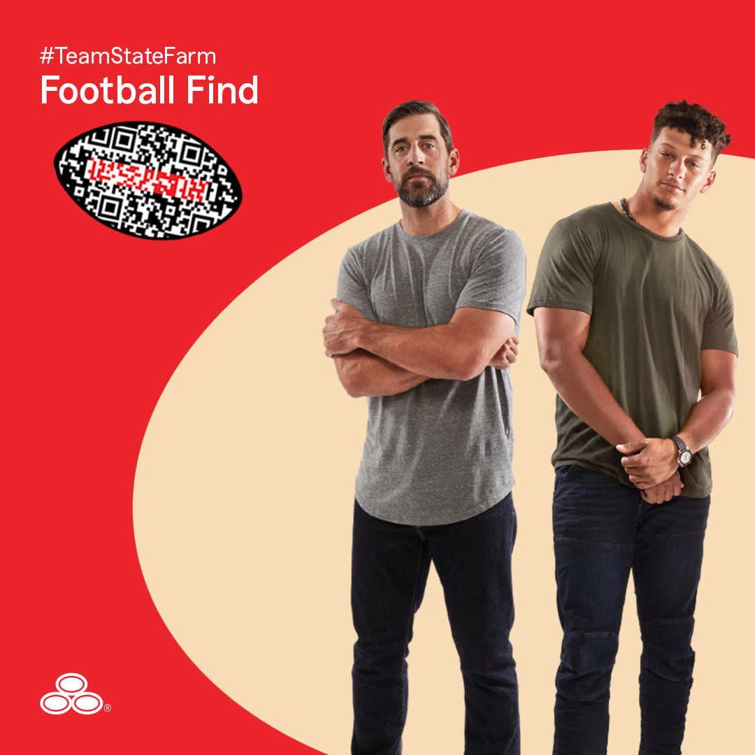 StateFarm's tweet photo. We're celebrating a marquee matchup between @AaronRodgers12 and @PatrickMahomes this Sunday. Score exclusive prizes with #TeamStateFarm Football Find. Register for alerts: https://t.co/MpoGs7AuRU https://t.co/VA169lf9fN