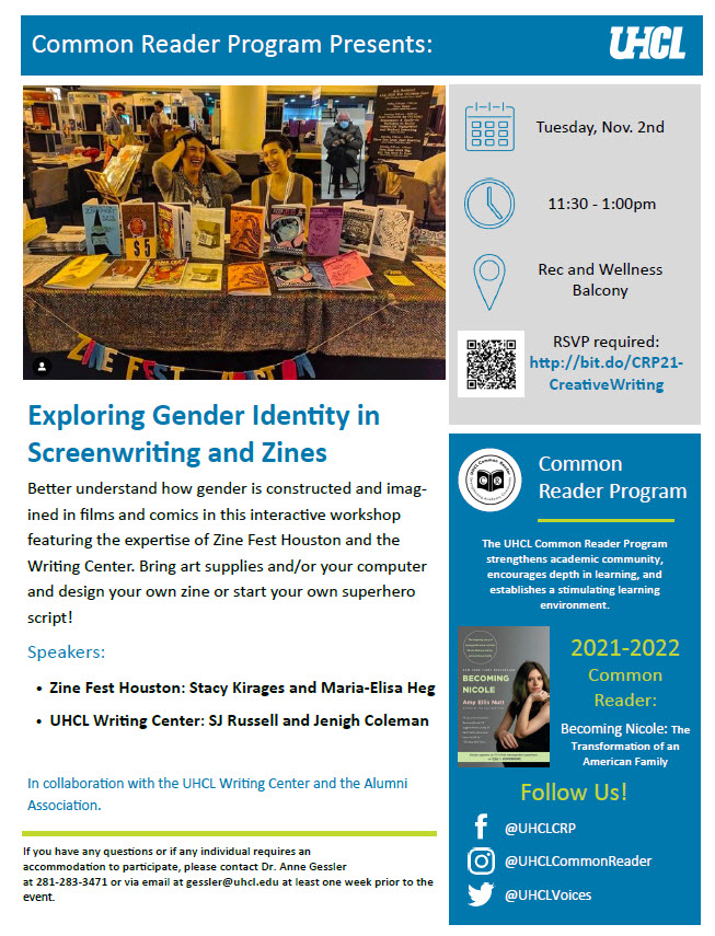 UHCLVoices's tweet photo. Happening TODAY! Exploring Gender Identity in Screenwriting and Zines will start at 11:30 AM at the Rec &amp; Wellness Center Balcony! Bring art supplies and/or your computer and design your own zine or start your own superhero script! Register now: https://t.co/R5MgYHKnKK https://t.co/ExFskmvLrz