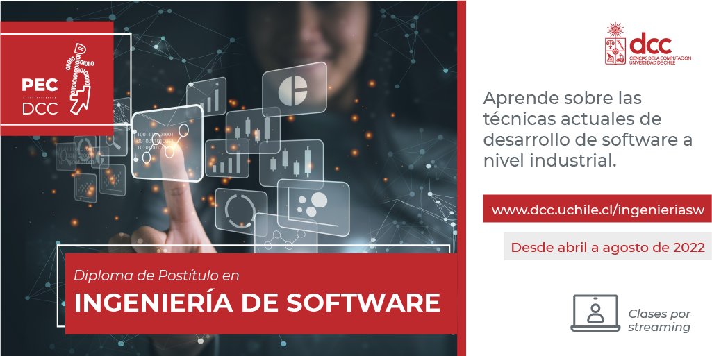PecDCC's tweet photo. Actualiza tus conocimientos en el desarrollo de #software. Te invitamos a postular al Diploma de Postítulo en Ingeniería de Software @dccuchile. 

Clases vía streaming ¡estudia desde la ciudad en que te encuentres! Información en: 
https://t.co/5n2FUYTXwz

#Diplomas #Postitulo https://t.co/QXpewTAa7p