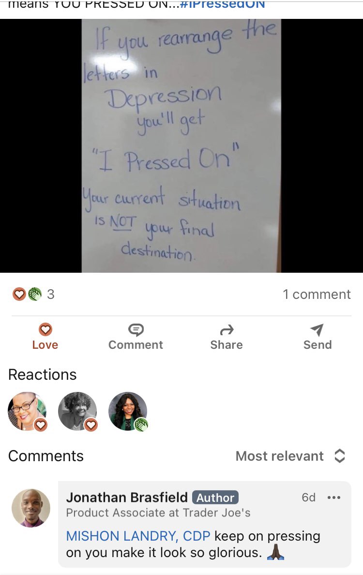 MishonLandry's tweet photo. Thank you to Johnathan, one of my LinkedIn connections, I truly needed to see this! ๐๐ฝ
If you rearrange the letters in the word DEPRESSION, you'll get I PRESSED ON, meaning your current situation is NOT your final destination. #IPressedOn https://t.co/JYdbcbQOZF