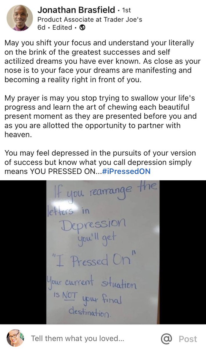 MishonLandry's tweet photo. Thank you to Johnathan, one of my LinkedIn connections, I truly needed to see this! ๐๐ฝ
If you rearrange the letters in the word DEPRESSION, you'll get I PRESSED ON, meaning your current situation is NOT your final destination. #IPressedOn https://t.co/JYdbcbQOZF