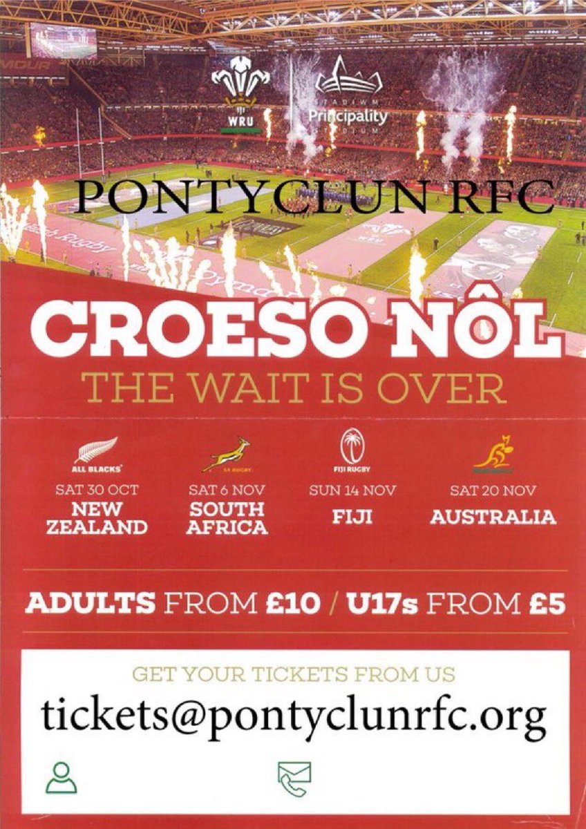 PontyclunRFC's tweet photo. The club still have tickets available for the remaining games of SA and Oz contact the Email below https://t.co/ubHFZeDsiT