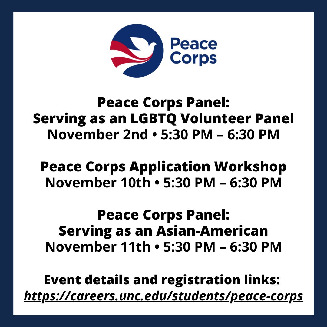 uncucs's tweet photo. November Peace Corps Virtual Workshops
Peace Corps Panel: Serving as an LGBTQ Volunteer Panel – 11/2
Peace Corps Application Workshop – 11/10
Peace Corps Panel: Serving as an Asian-American – 11/11 
Event and registration details: https://t.co/FXMj3muIY4 https://t.co/P8FhYjdEGL