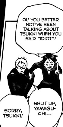 next time i reread haikyuu, i'm going to beef up my shut up yamaguchi / sorry tsukki screencap folder 