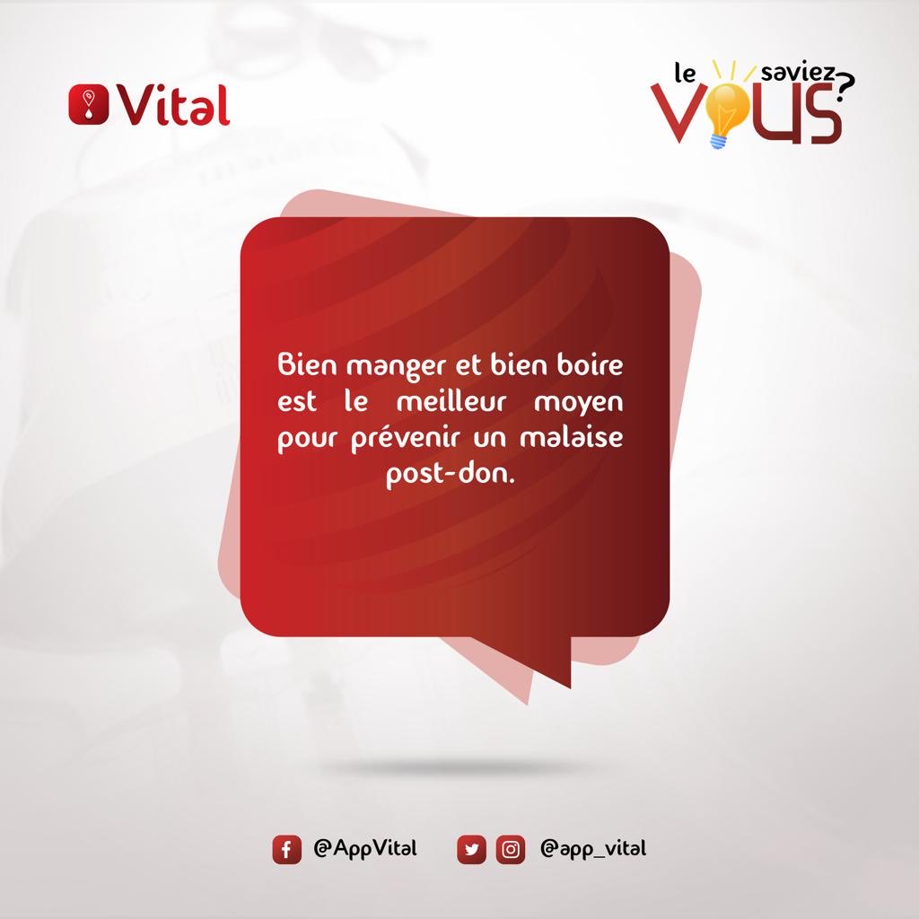 app_vital's tweet photo. Le saviez vous? 
Vous devriez penser à manger et boire suffisamment avant votre don! Cela vous évitera d’éventuelles malaises au cours de votre don de sang! https://t.co/8Fy6ybGEJA