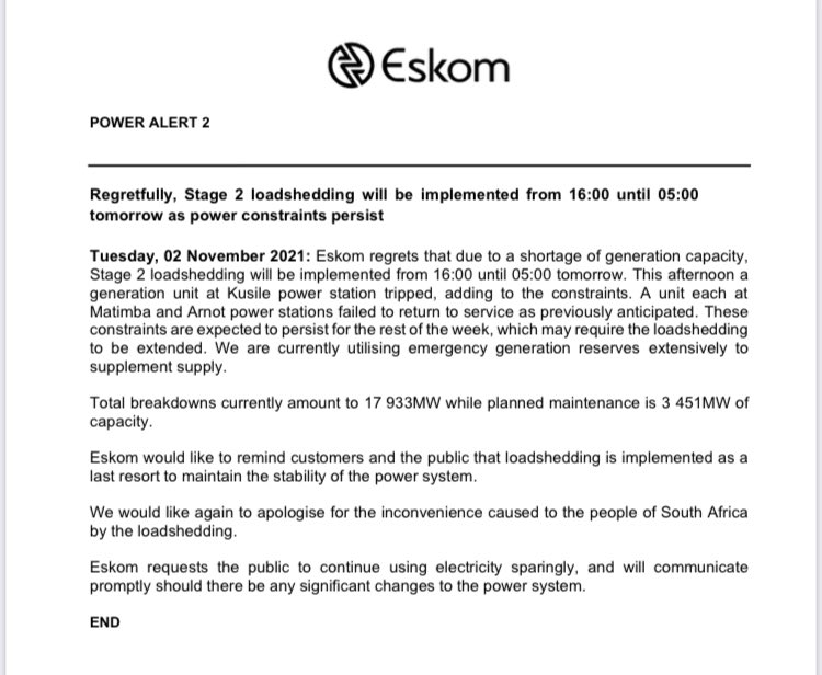 ewnreporter's tweet photo. #Loadshedding Eskom has announced stage 2 load shedding will be implemented from 4pm this afternoon until 5 tomorrow morning. TK https://t.co/HqBByygRau