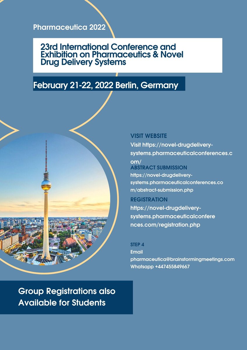 Michell44266813's tweet photo. Participate at Pharmaceutica 2022 Conference at Berlin, Germany
call open for Post docs and PhD Category people for young researcher award
WhatsApp +447455849667
Mail pharmaceuticalconferences76@gmail.com
#pharmaceutical #pharmaceuticalindustry  #drugdelivery #COVID19 https://t.co/bj56cFNJ2K