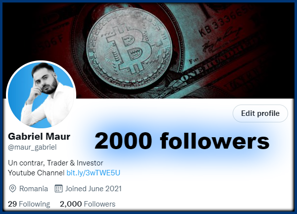 maur_gabriel's tweet photo. Suntem 2000 de pasionați de crypto!😎

Vă mulțumesc pentru susținere!🤝În semn de apreciere voi face un giveaway în valoare de 100$ în crypto, iar câștigătorul va fi extras în market update-ul de joi, 4 noiembrie 2021. 

Sunt eligibili cei care interacționează cu această postare. https://t.co/PTyM0INb1G