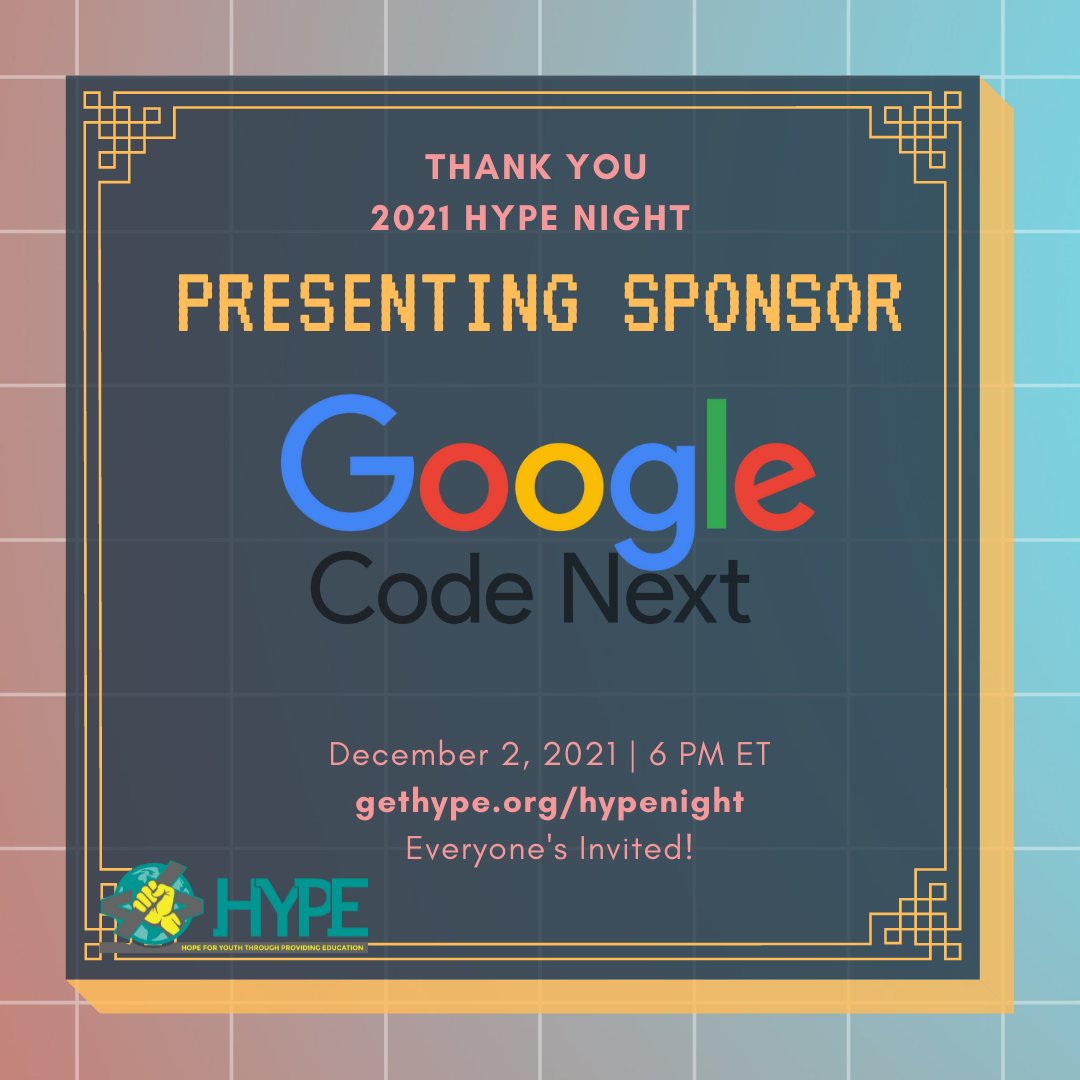 getHYPE_Inc's tweet image. Thank you @Google Code Next for becoming the Presenting Sponsor of #HYPENight 2021!

For more information on HYPE Night Sponsorships and registration, visit gethype.org/hypenight

#hypenight #googlecodenext #presentingsponsor #gethype #hypenight21