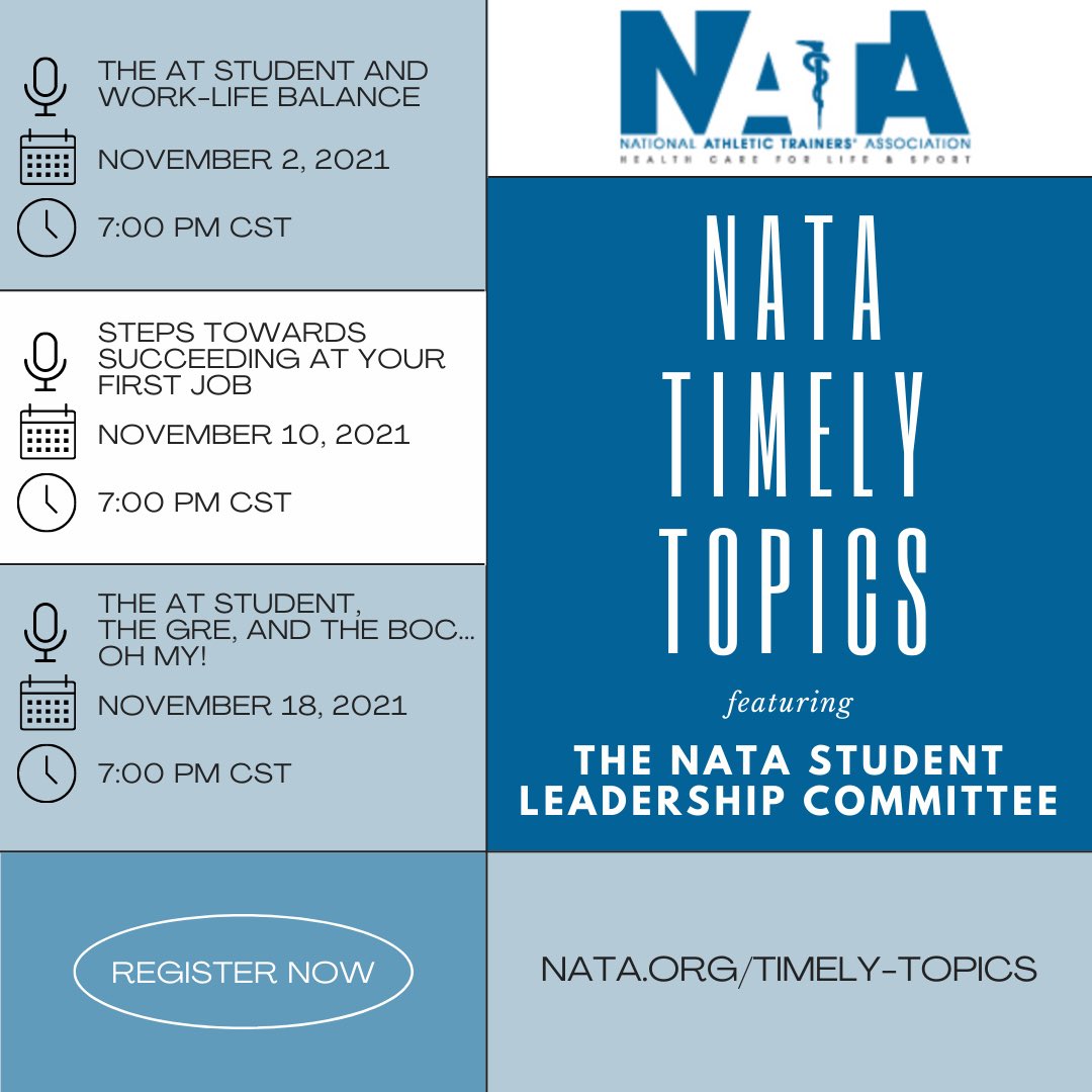 NATASLCreps's tweet photo. This month, the NATA SLC will be featured in the NATA Timely Topics! Tune in on November 2nd, 10th, and 18th at 7:00 PM CST to join the discussion on work-life balance, succeeding in your first job, and passing the GRE and BOC! Don't miss out on this fantastic opportunity❗️💯✨ https://t.co/aYUih3vh2g