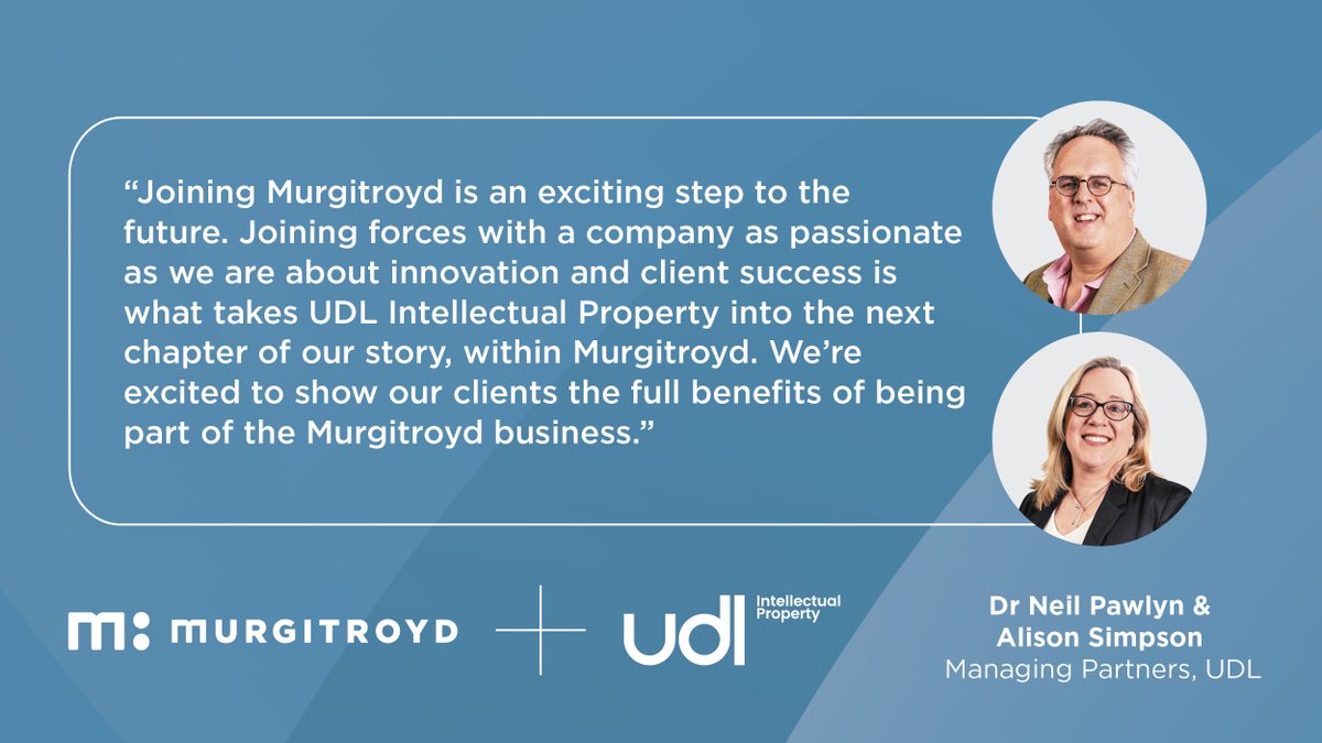 UDL_IP's tweet image. Dr Neil Pawlyn and Alison Simpson on the UDL Team joining the @Murgitroyd Team. 

Learn more: lnkd.in/dMbZJE4c