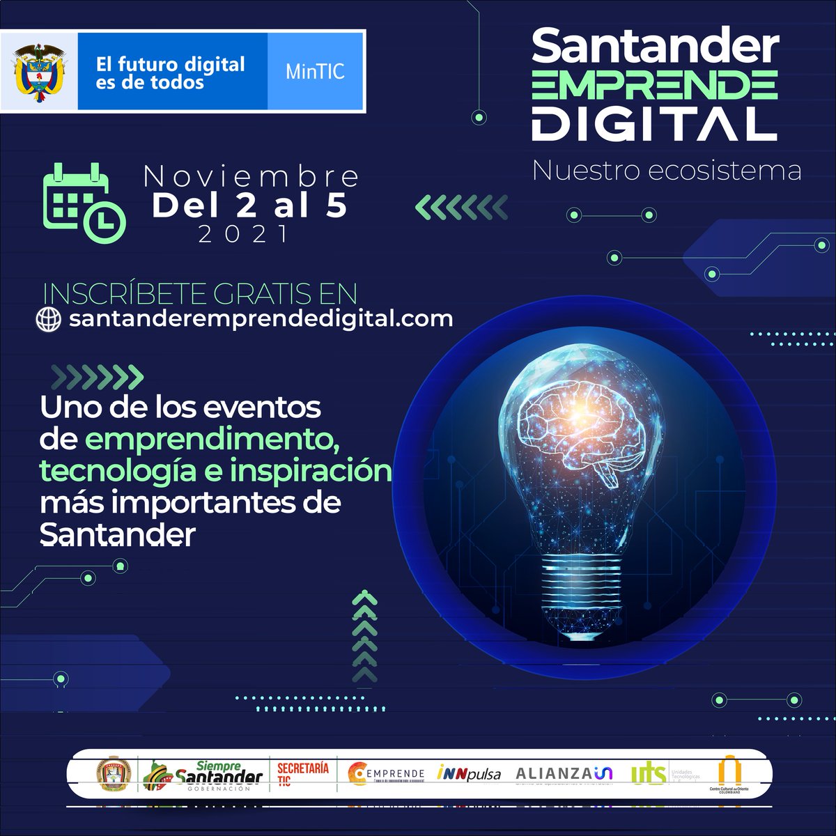 GobdeSantander's tweet photo. #AEstaHora| Inicia #SantanderEmprendeDigital💡, el evento virtual que no te puedes perder. Sé parte de este primer día de formación en liderazgo, competencias y contenidos digitales, ingresando al siguiente link: https://t.co/5sFX6mZLcx https://t.co/FSQlcQreFv