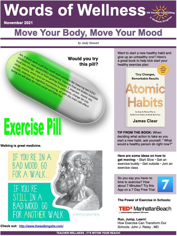 Please check out the November issue of our Words of Wellness (WOW) newsletter. 
This month's topic is 'Move Your Body, Move Your Mood'.
You can download the PDF version at teacherwellness.ca
Be well!
<a href="/NBTeachersAssn/">NBTA</a> <a href="/literacyvet93/">Connie Keating</a>